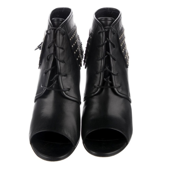 Saint Laurent NWT Black Leather Studded Fringe Open Toe Lace Up Booties Size 35 - Picture 3 of 10